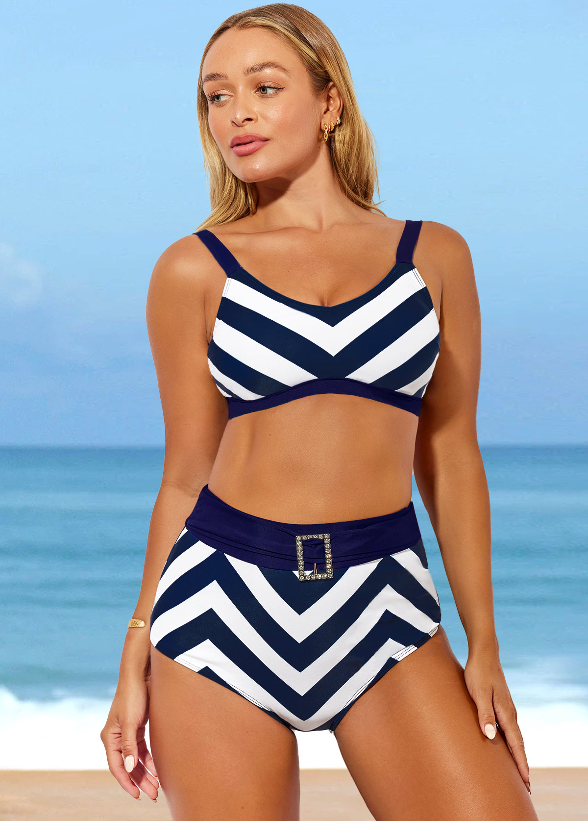 High Waisted Striped Color Block Bikini Set