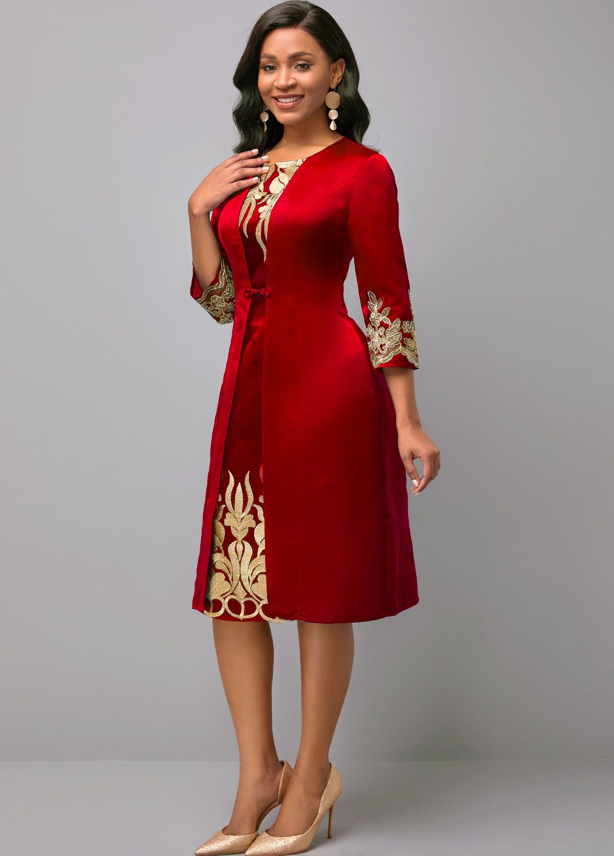 Round Neck 3/4 Sleeve Embroidered Red Dress