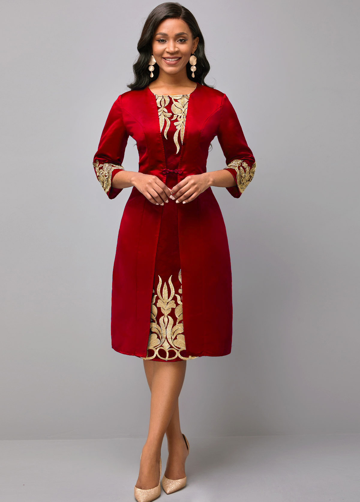 Round Neck 3/4 Sleeve Embroidered Red Dress