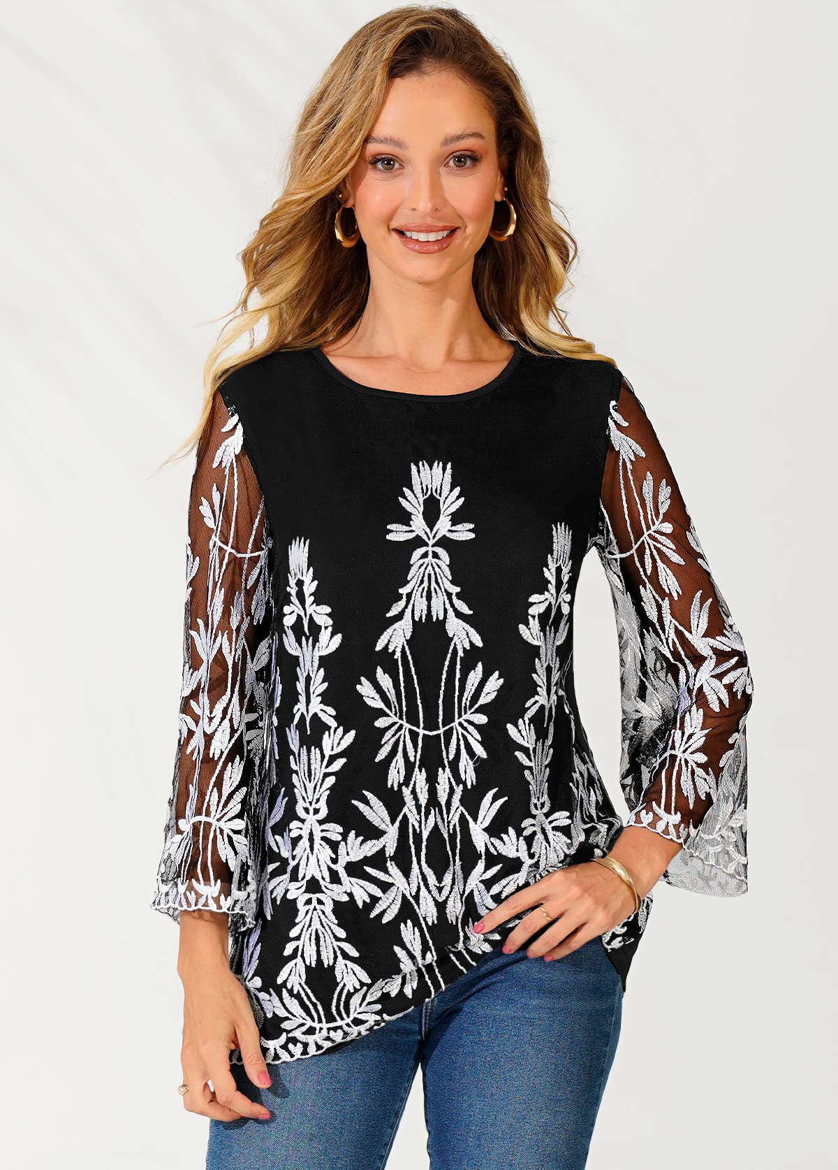 Black 3/4 Sleeve Embroidered Round Neck T Shirt