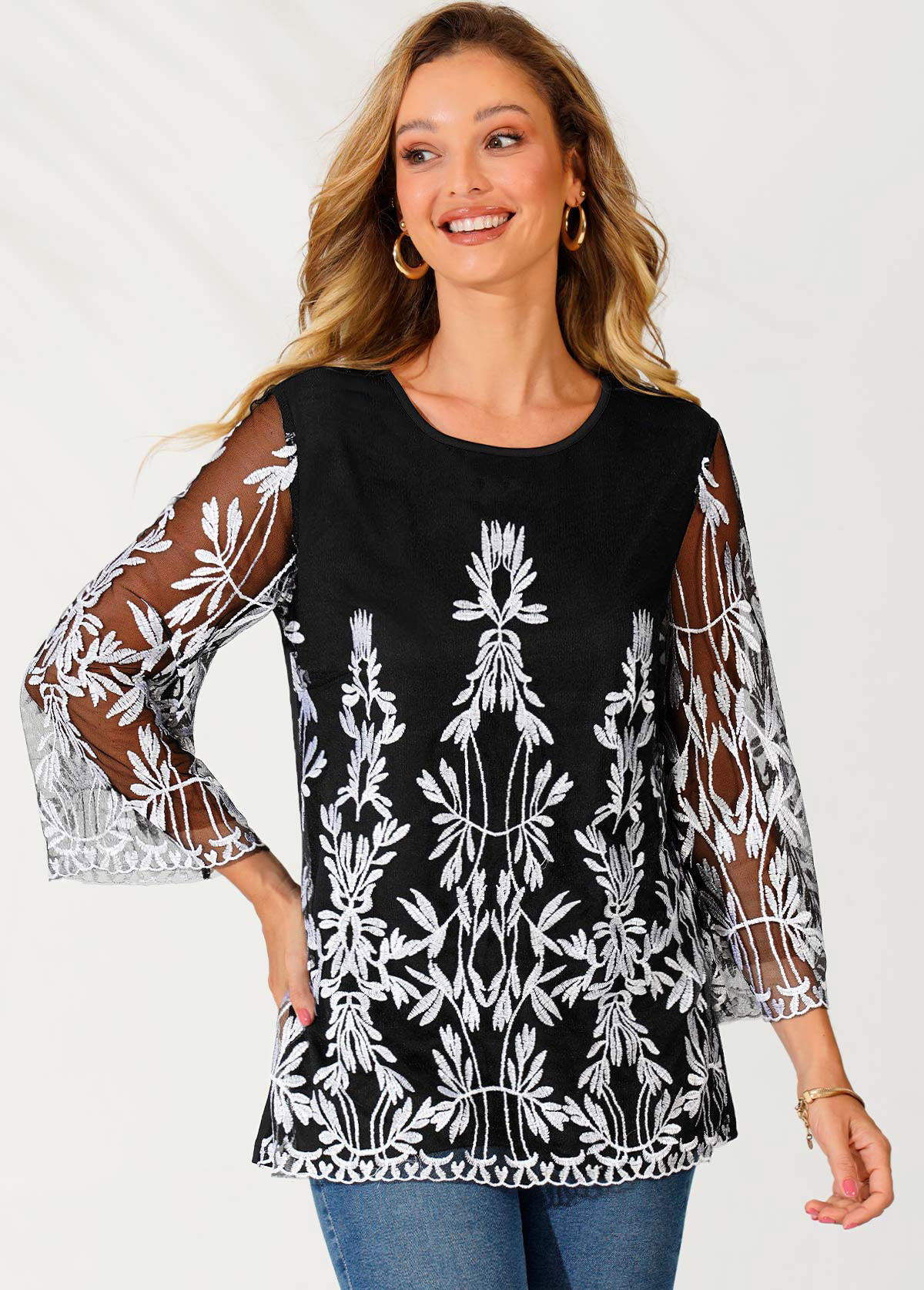 Black 3/4 Sleeve Embroidered Round Neck T Shirt