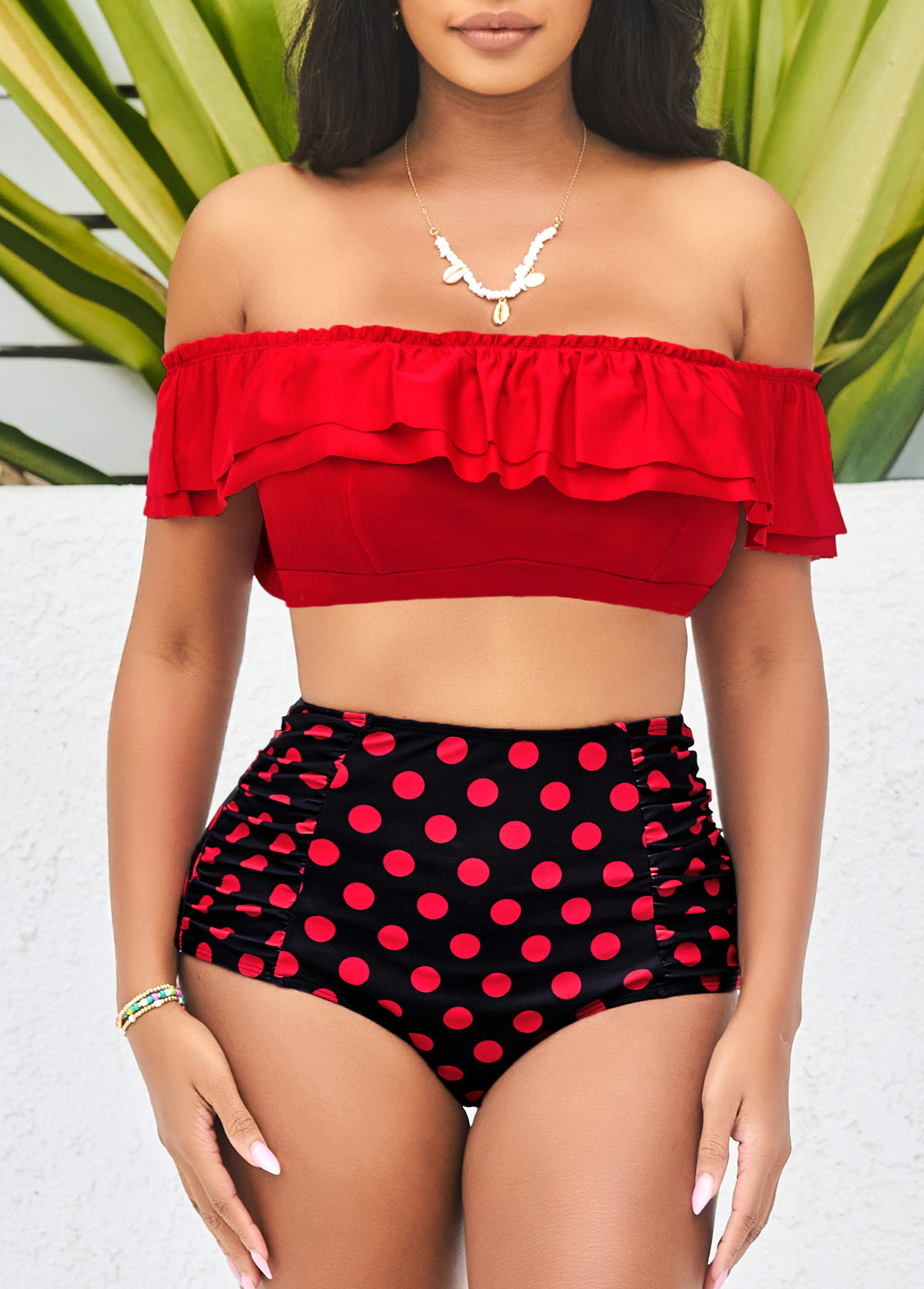 Polka Dot Red High Waist Flounce Smocked Bikini Set