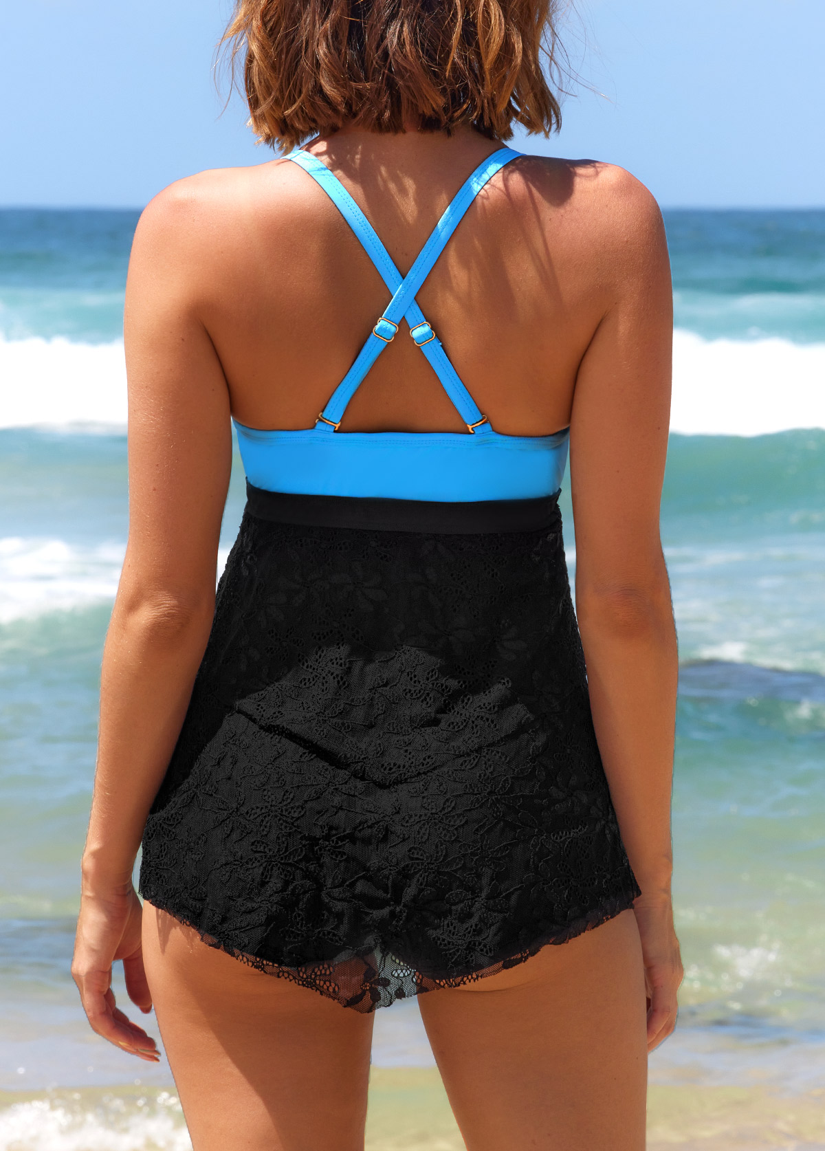 Black Ring Decoration Contrast Lace Stitching Tankini Top