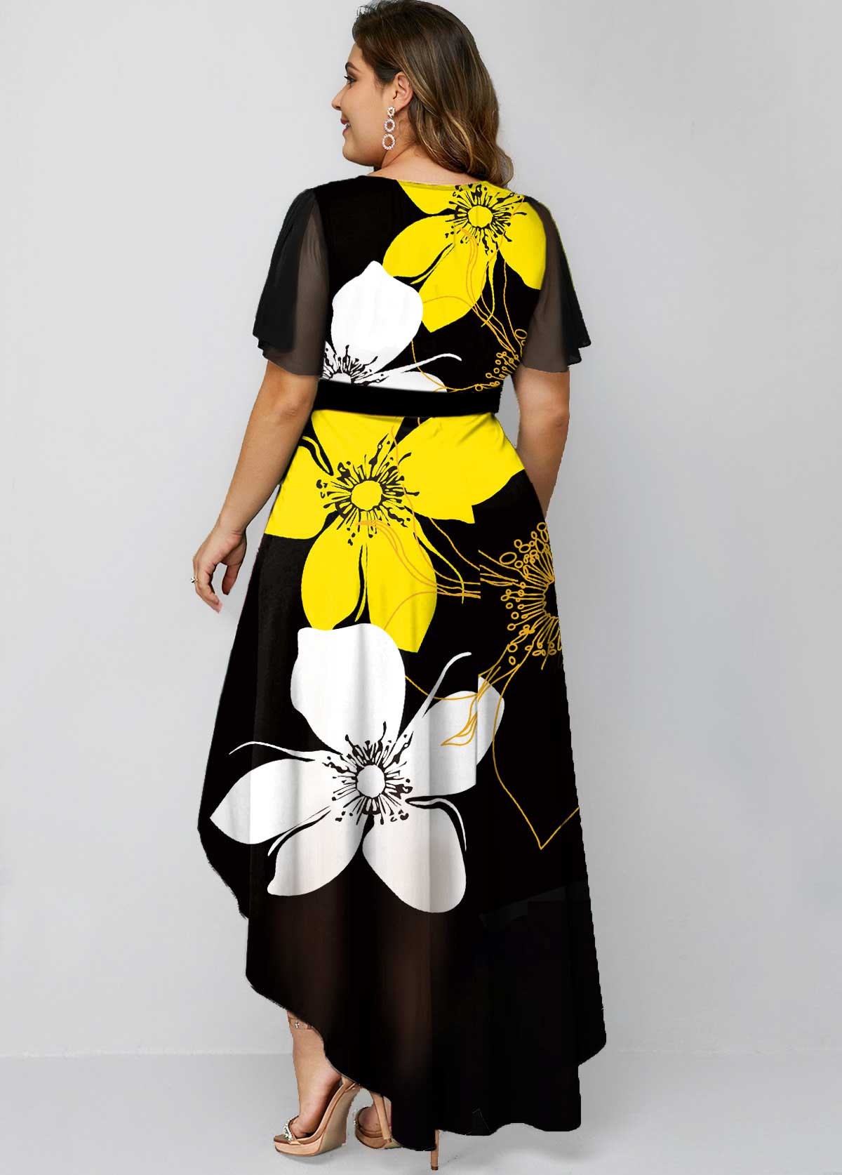 Black Floral Print Plus Size Dip Hem Dress