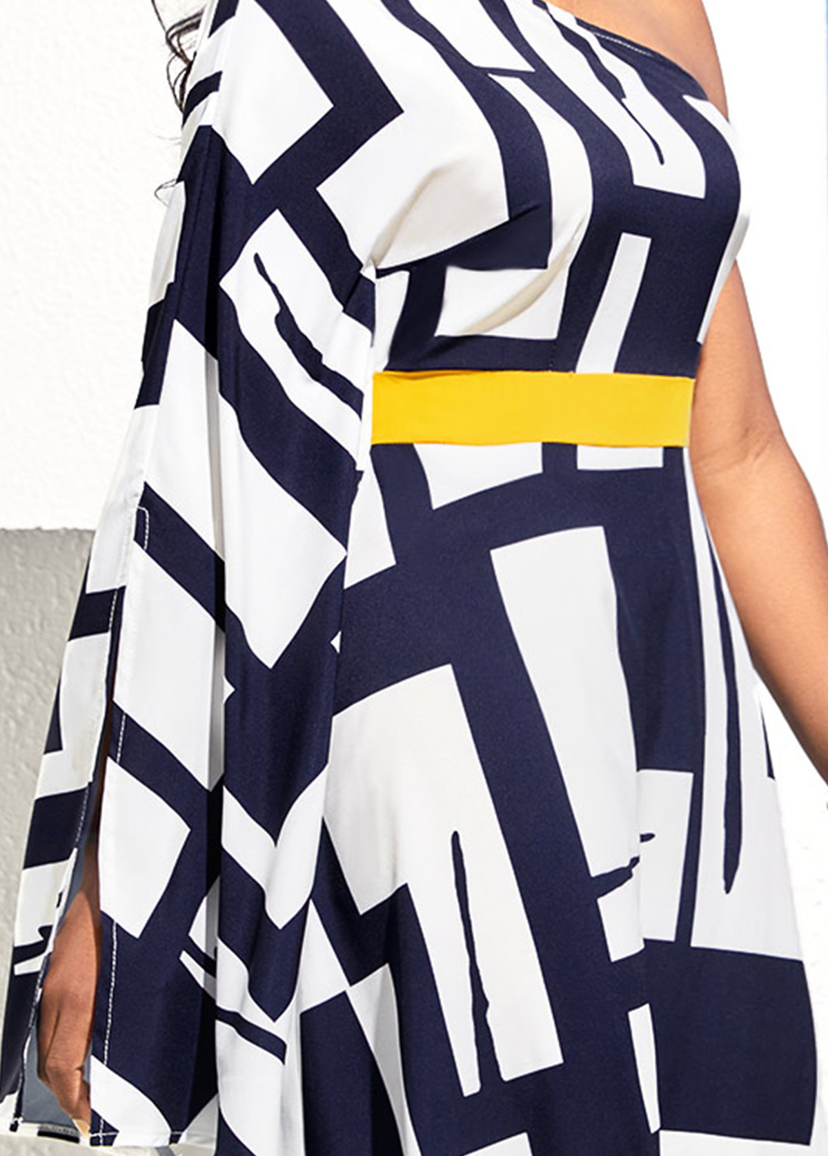 One Shoulder Navy Blue Geometric Print Maxi Dress
