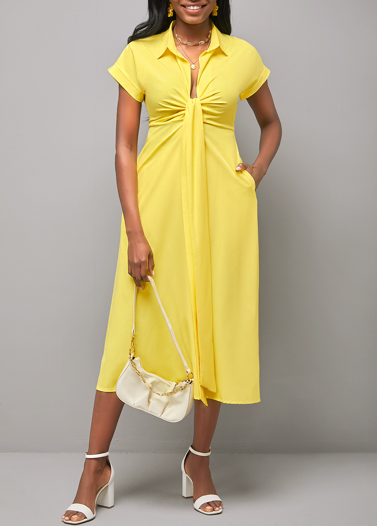 Yellow Short Sleeve Turndown Collar Dress
