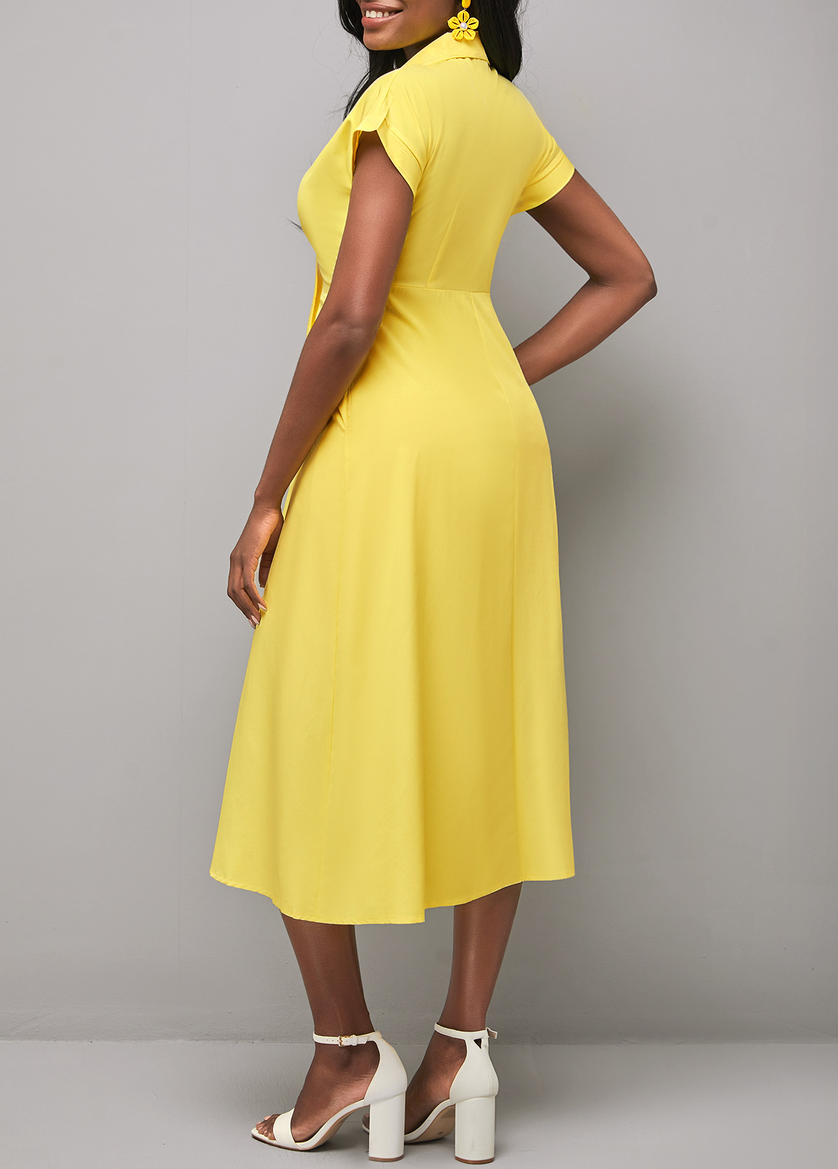 Yellow Short Sleeve Turndown Collar Dress