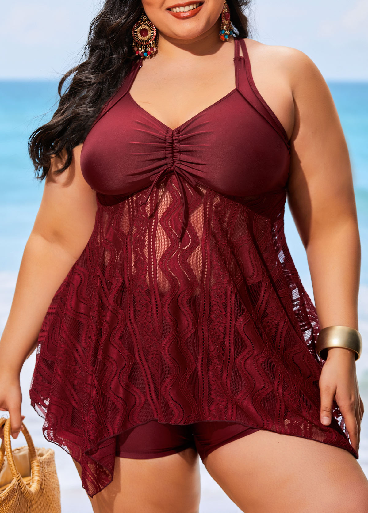 Wine Red Plus Size Lace Swimdress Top
