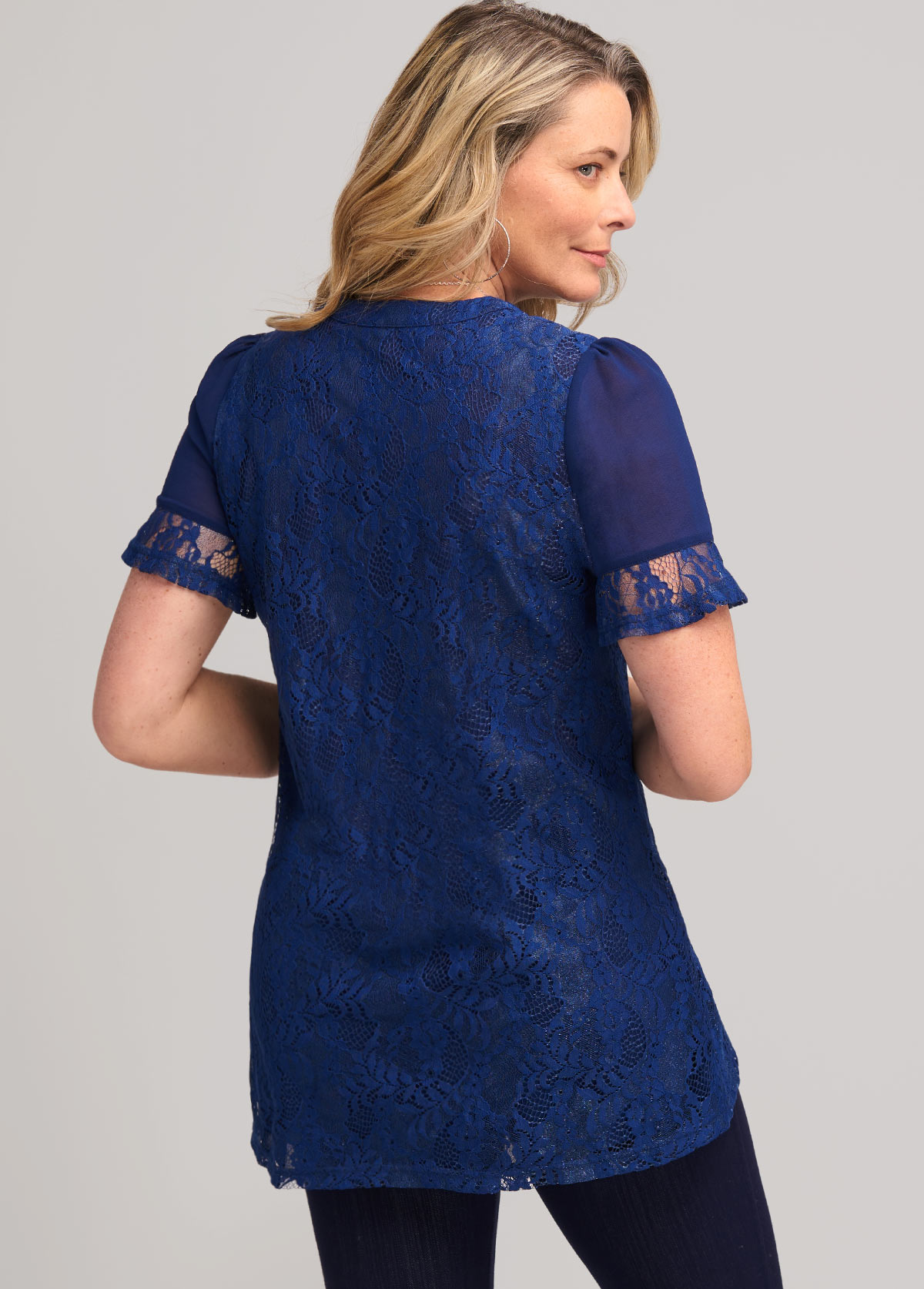Lace Stitching Navy Blue Split Neck T Shirt