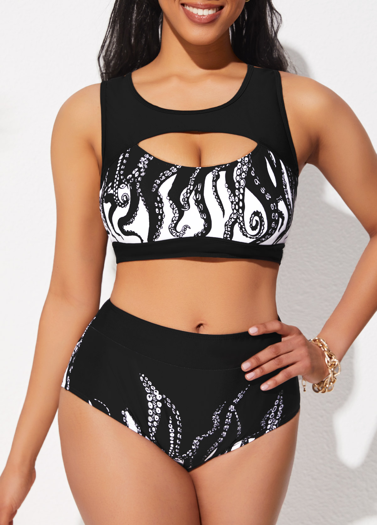 Animal Prints Black Cutout High Waisted Bikini Set
