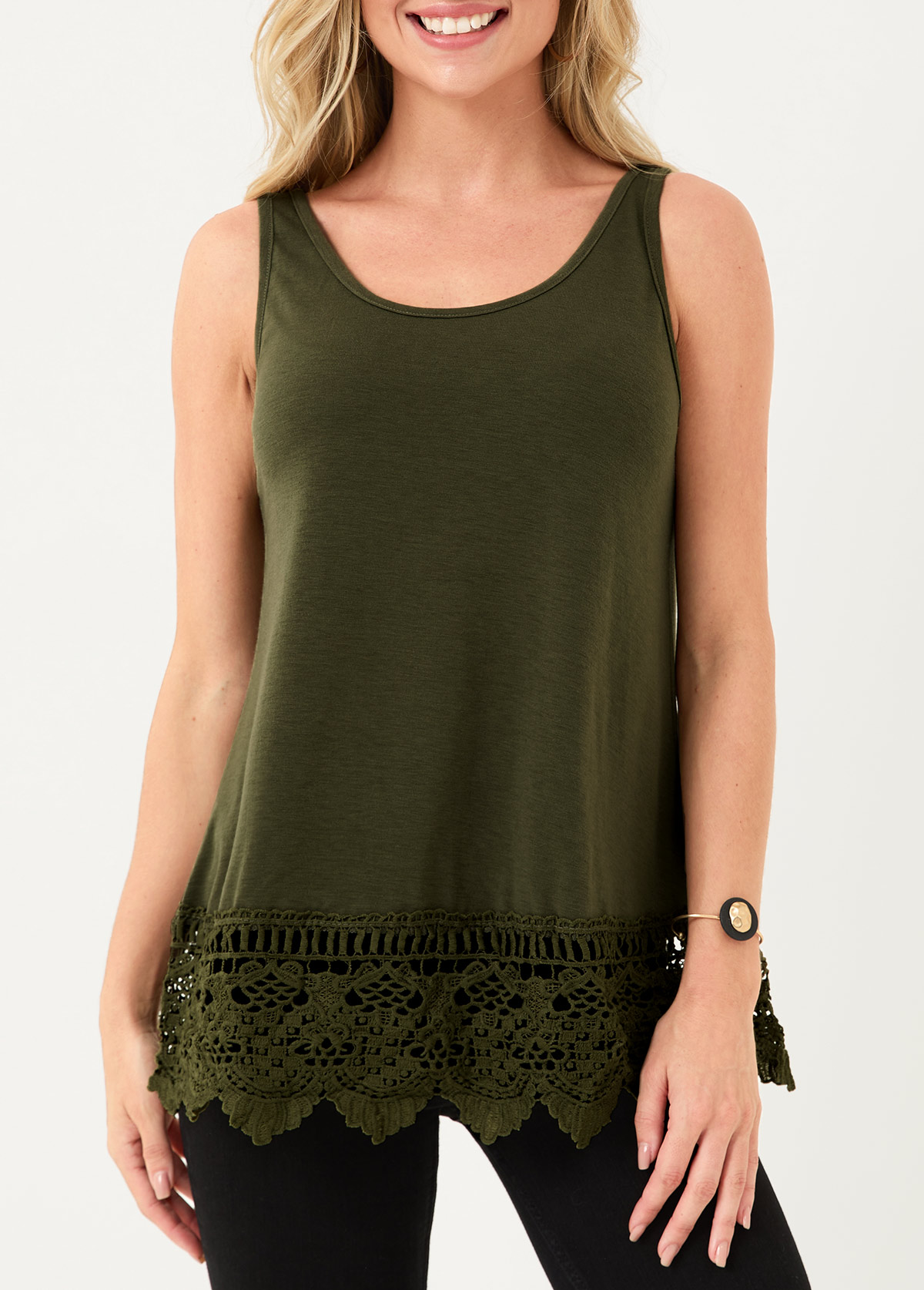 Lace Panel Army Green Tank Top USD 22.98