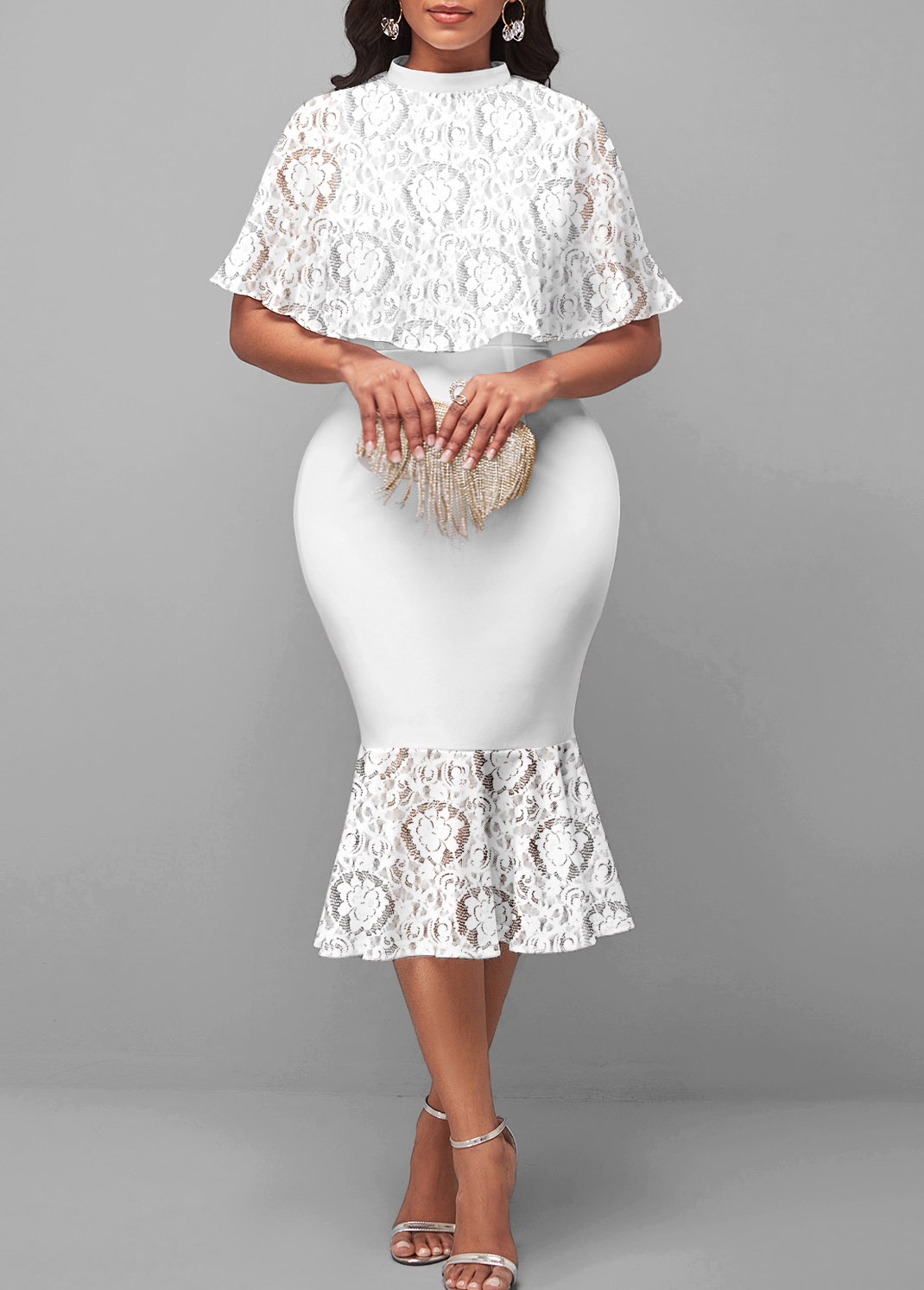 White Shawl and Sleeveless Lace Patchwork Dress