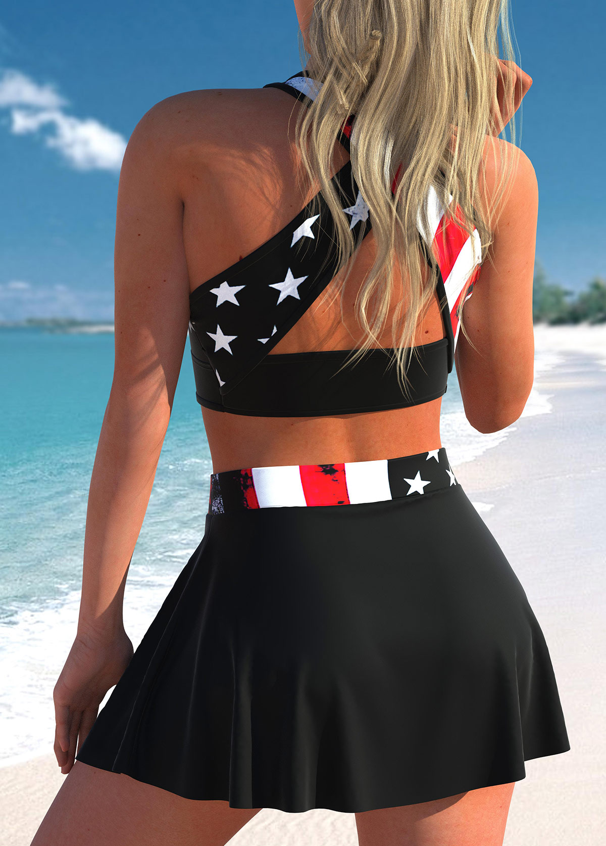 High Waisted Cross Strap American Flag Print Bikini Set