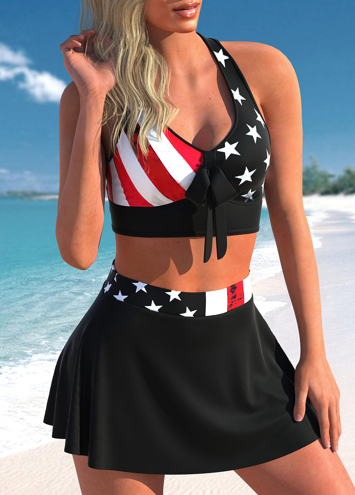 High Waisted Cross Strap American Flag Print Bikini Set