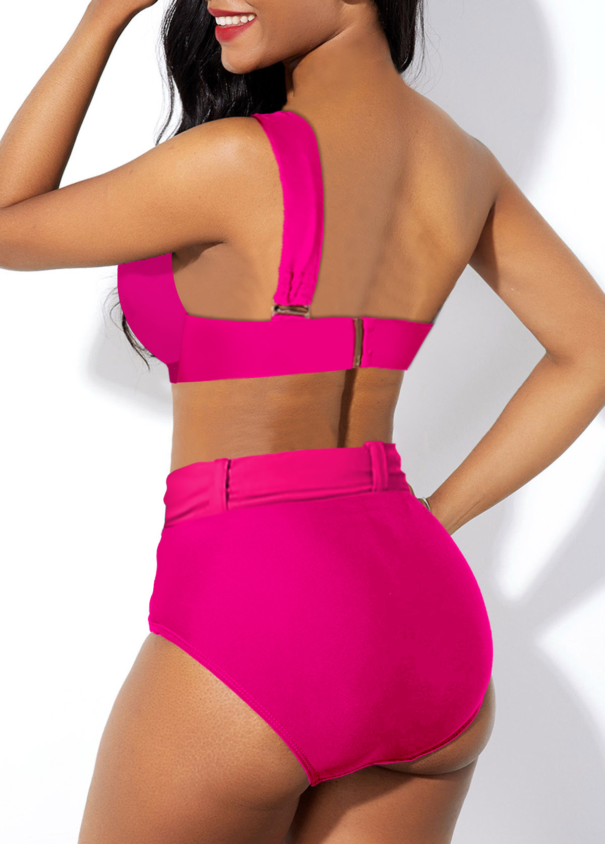 One Shoulder High Waisted Hot Pink Bikini Set