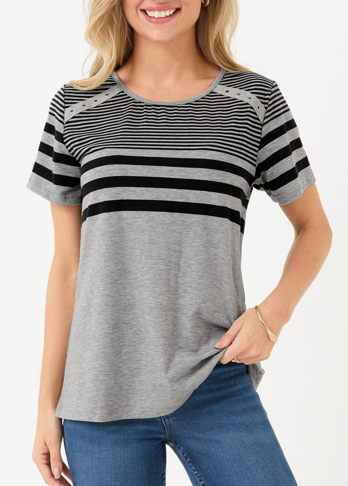 Light Grey Eyelet Striped T Shirt