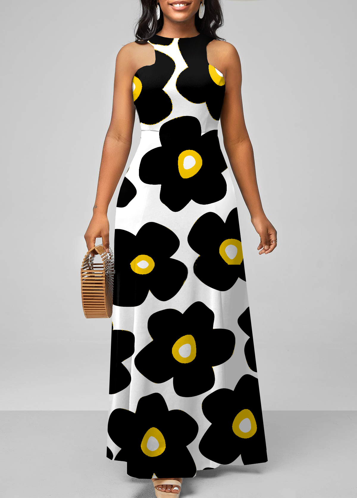 Bib Neck Sleeveless Floral Print Maxi Dress