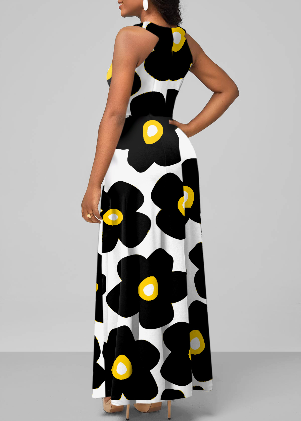 Bib Neck Sleeveless Floral Print Maxi Dress