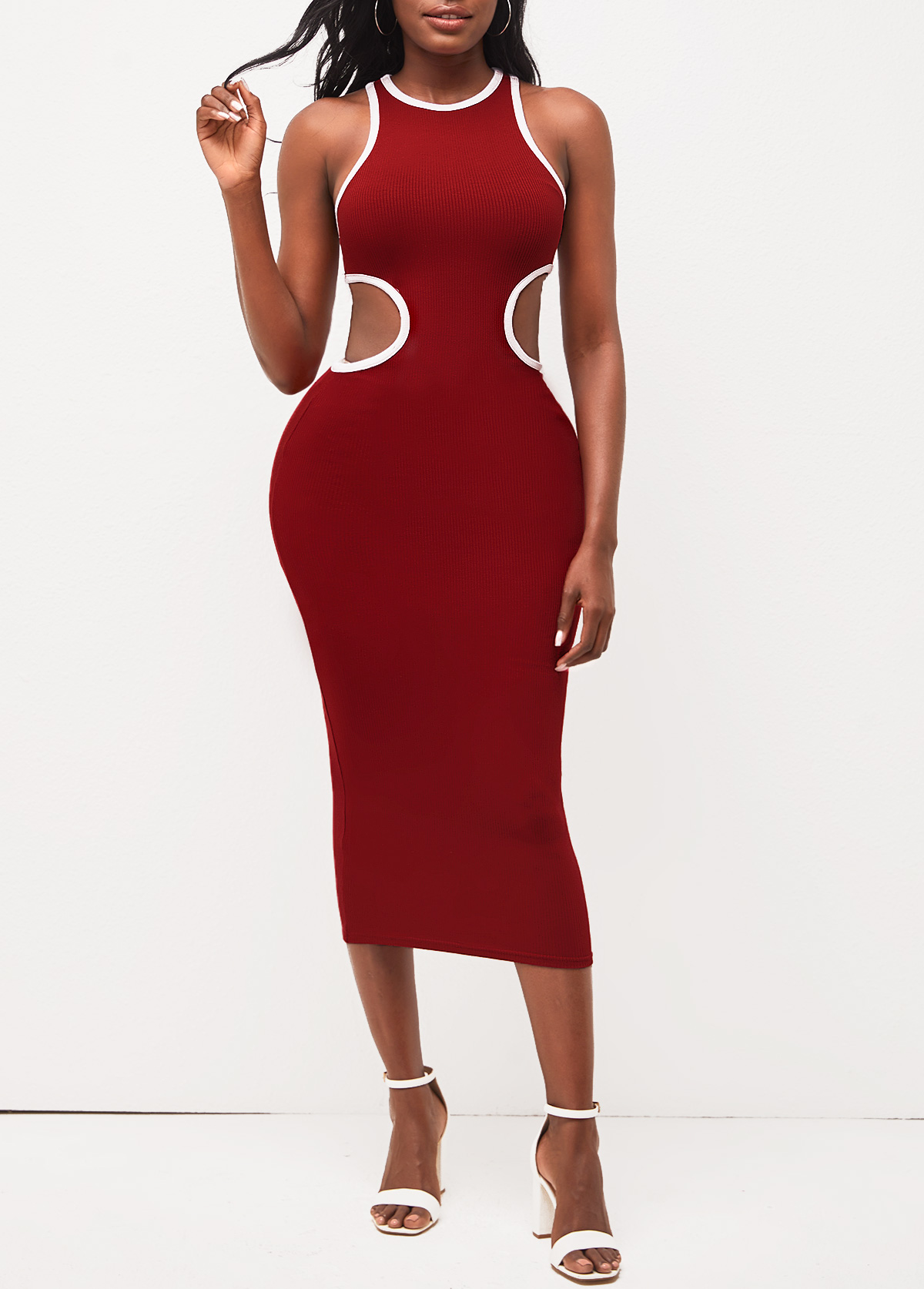 Cutout Wine Red Round Neck Sleeveless Dress