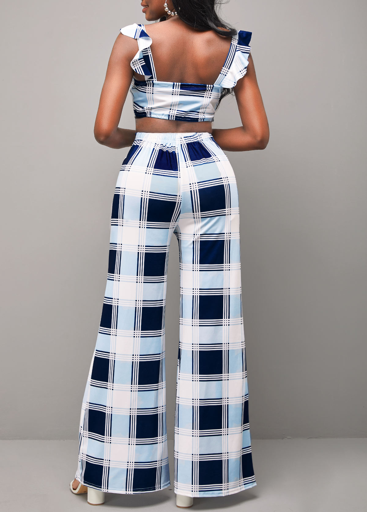 Plaid Decorative Button Top and High Waisted Pants