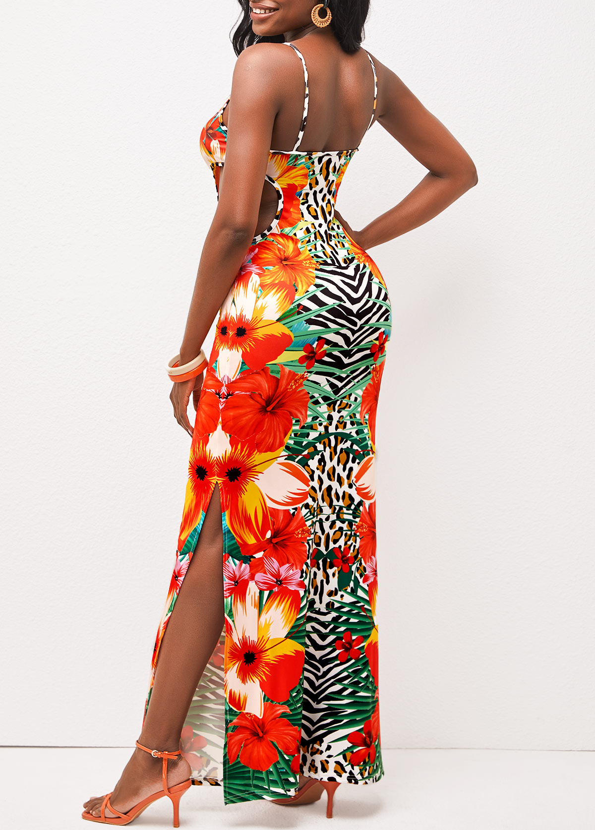 Tropical Print Side Slit Multi Color Maxi Dress