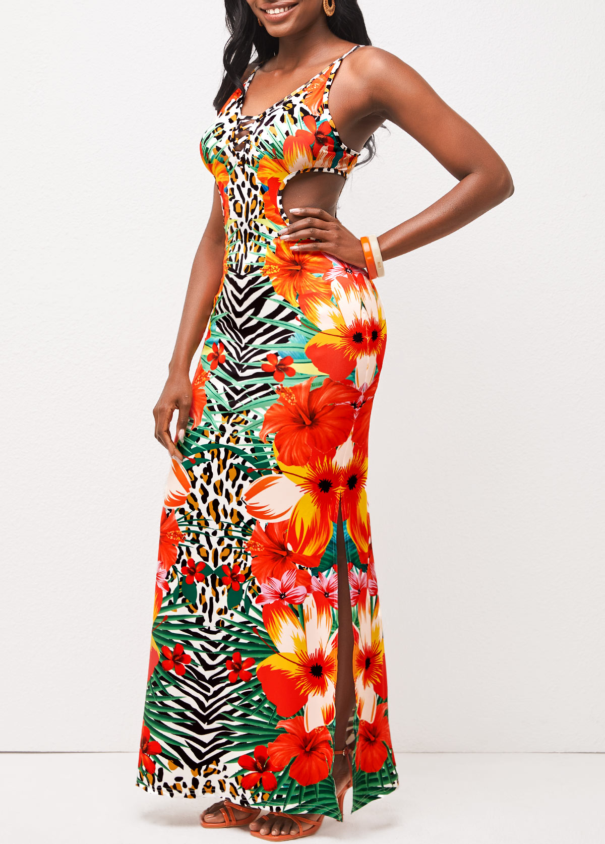 Tropical Print Side Slit Multi Color Maxi Dress