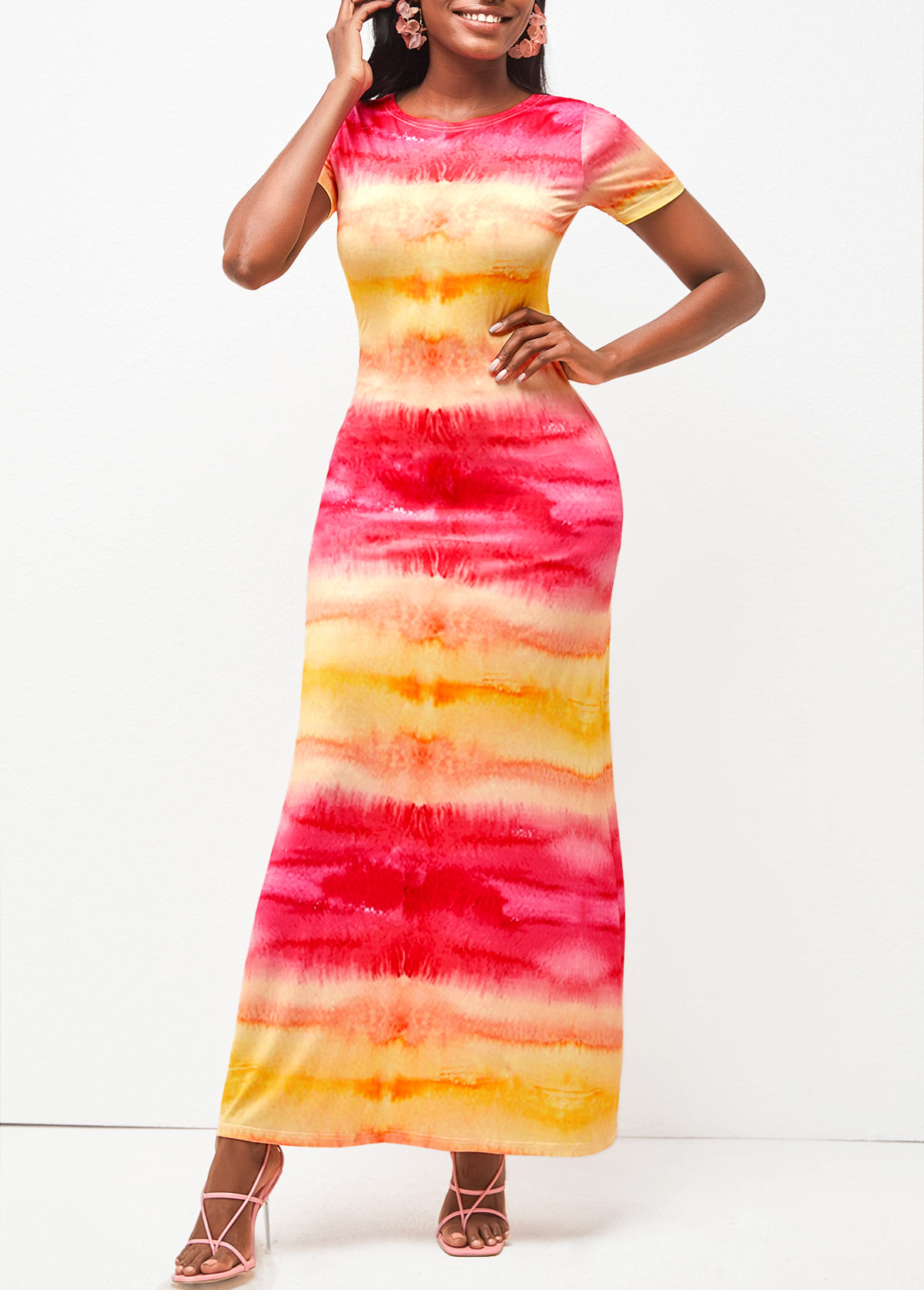Color Block Round Neck Tie Dye Print Maxi Dress