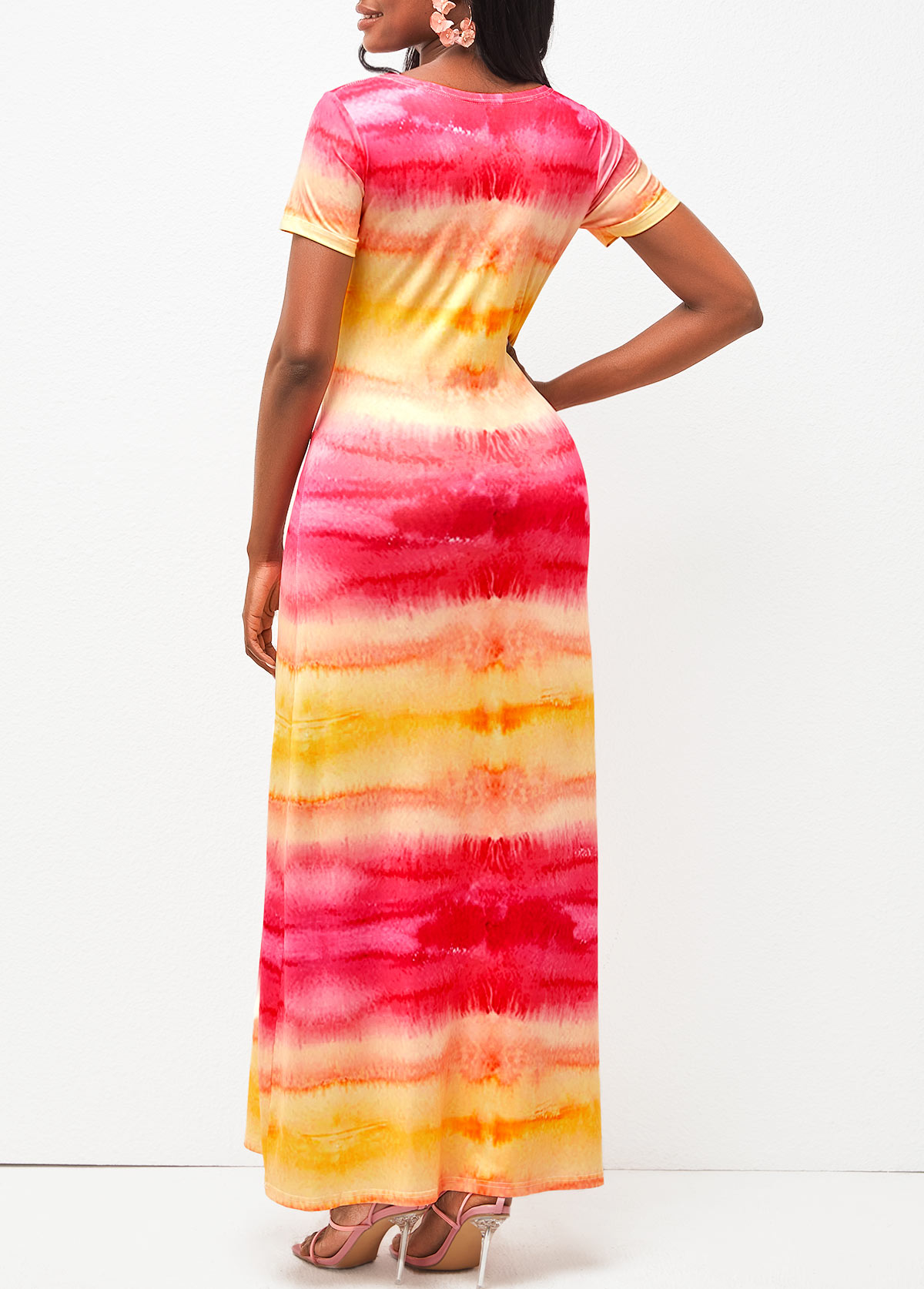 Color Block Round Neck Tie Dye Print Maxi Dress