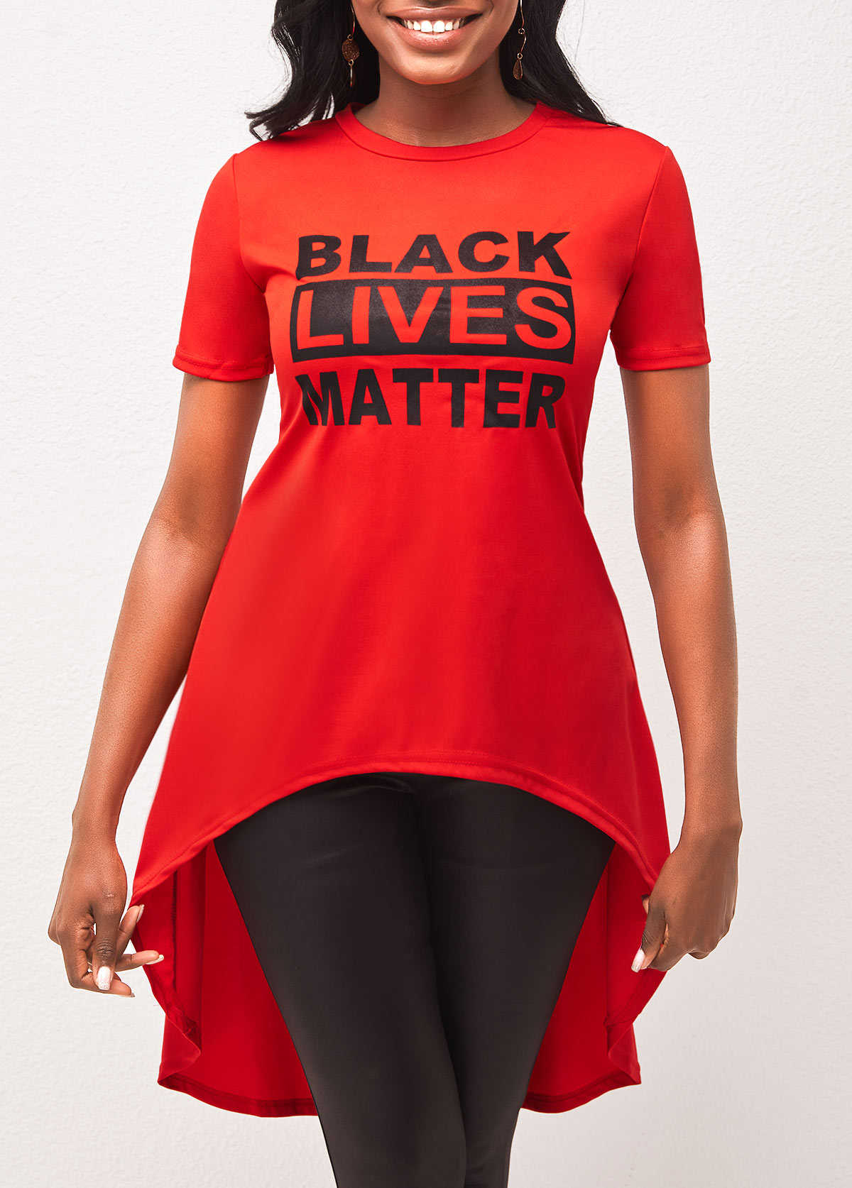 Red Asymmetric Hem Letter Print T Shirt