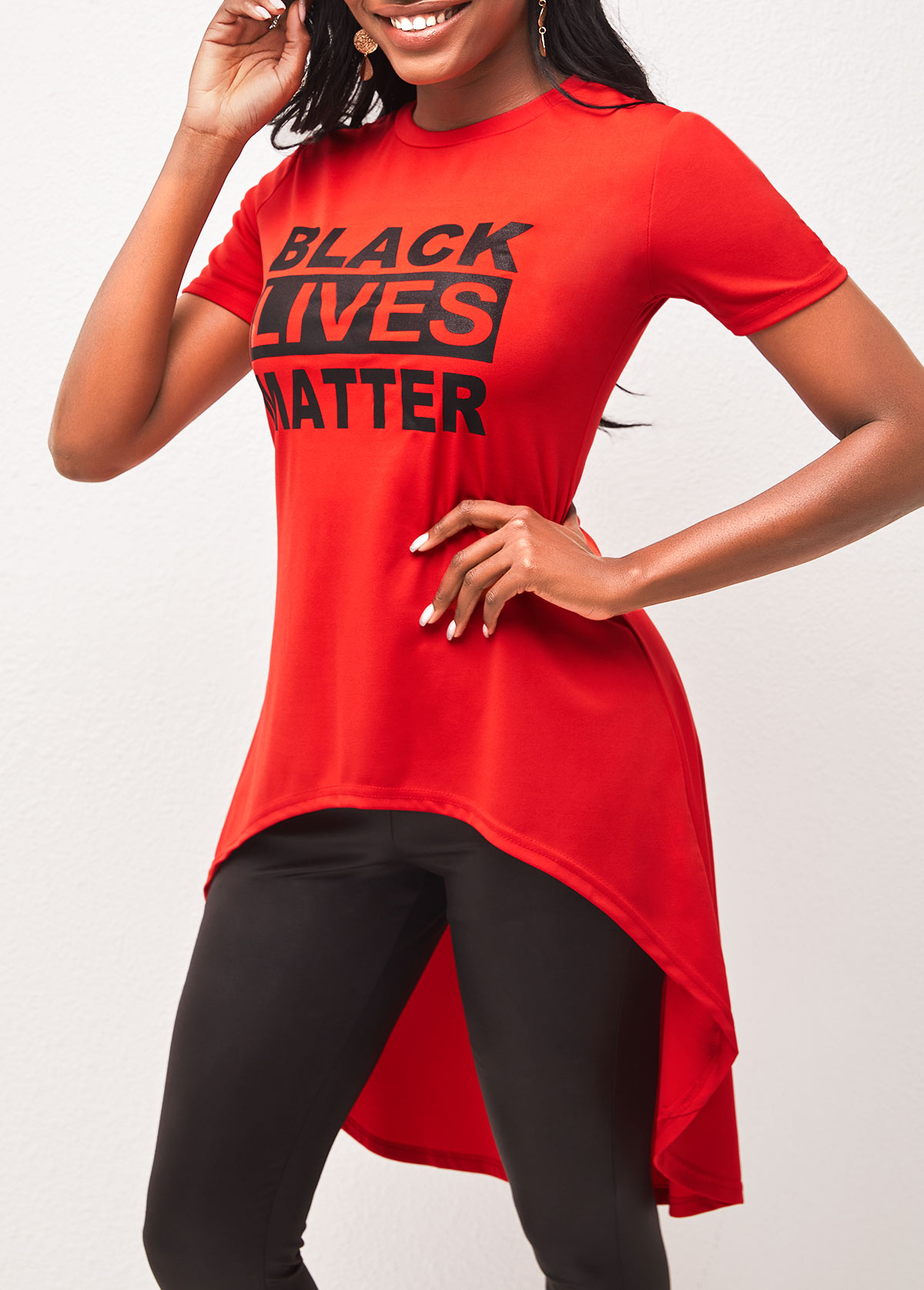 Red Asymmetric Hem Letter Print T Shirt