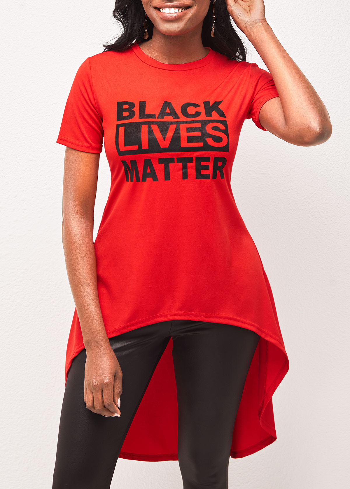 Red Asymmetric Hem Letter Print T Shirt