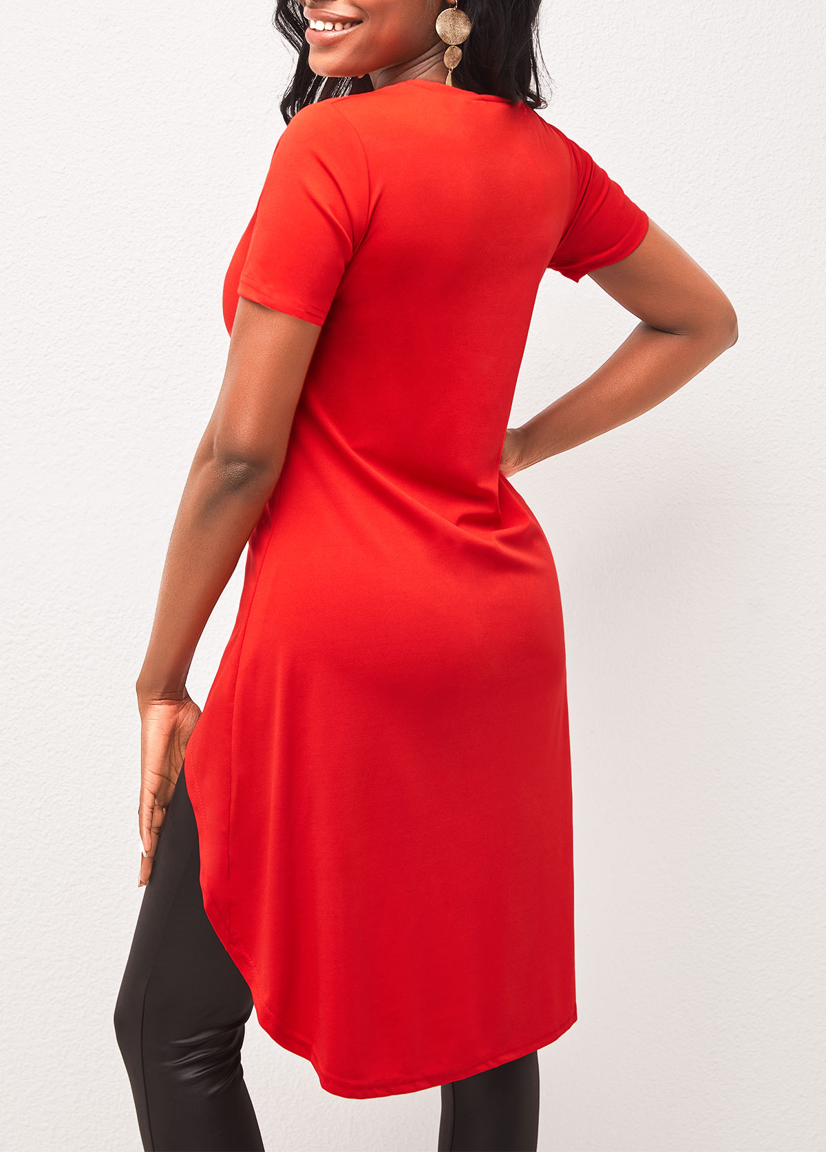 Red Asymmetric Hem Letter Print T Shirt