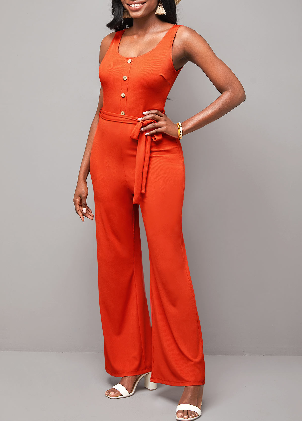 Decorative Button Orange Belted Sleeveless Jumpsuit