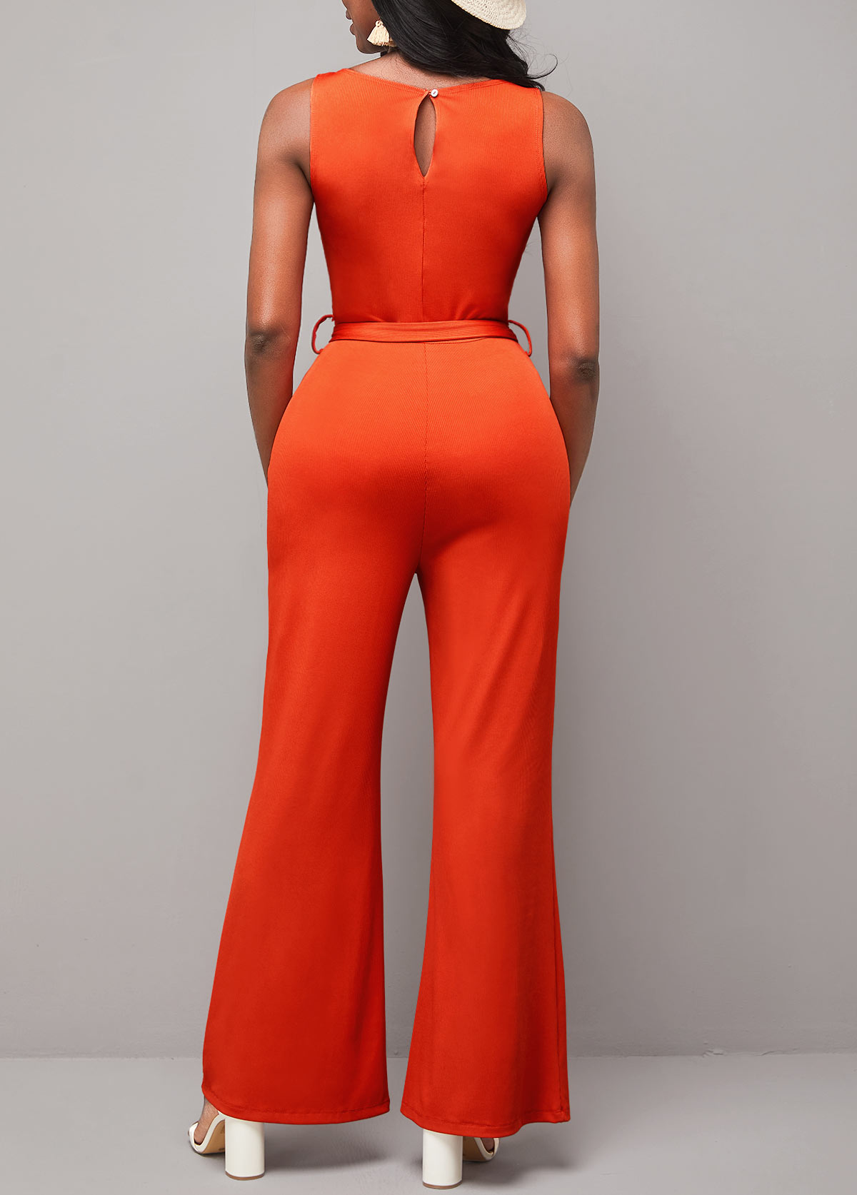 Decorative Button Orange Belted Sleeveless Jumpsuit