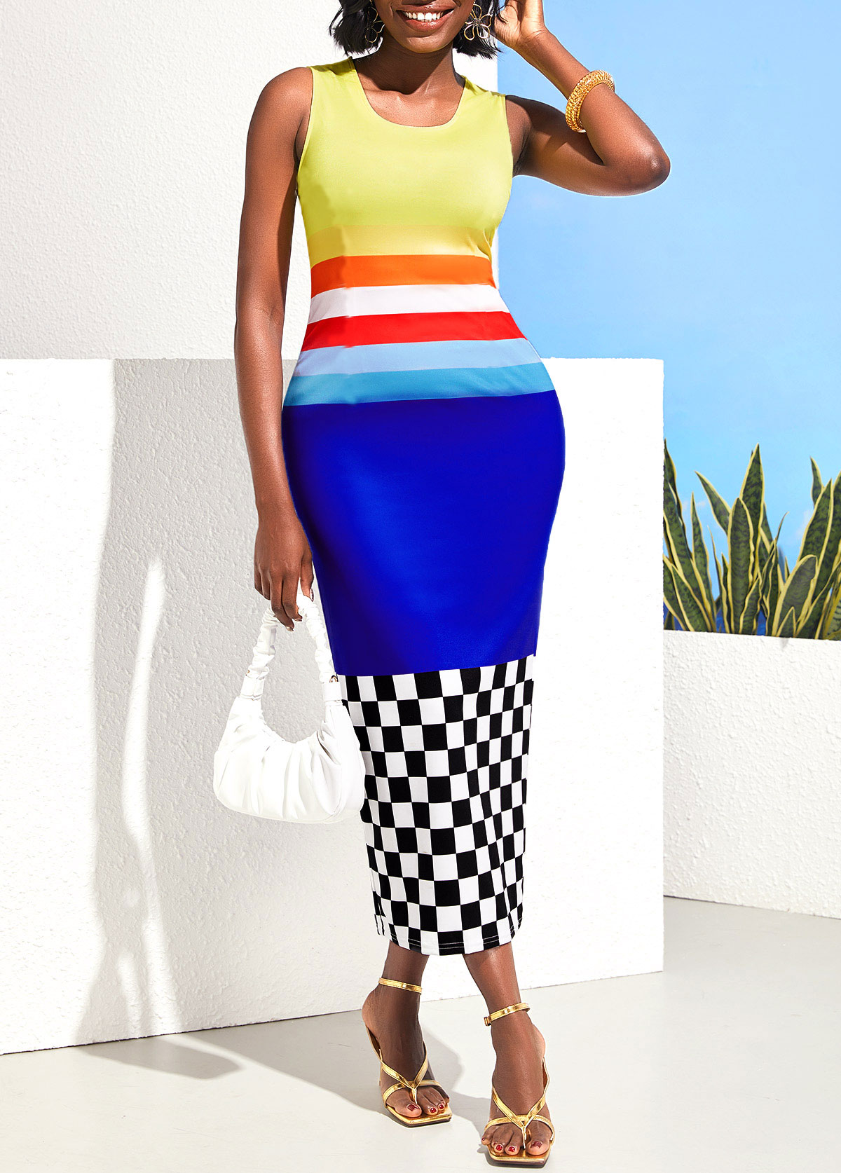Checkered Print Square Collar Color Block Bodycon Dress