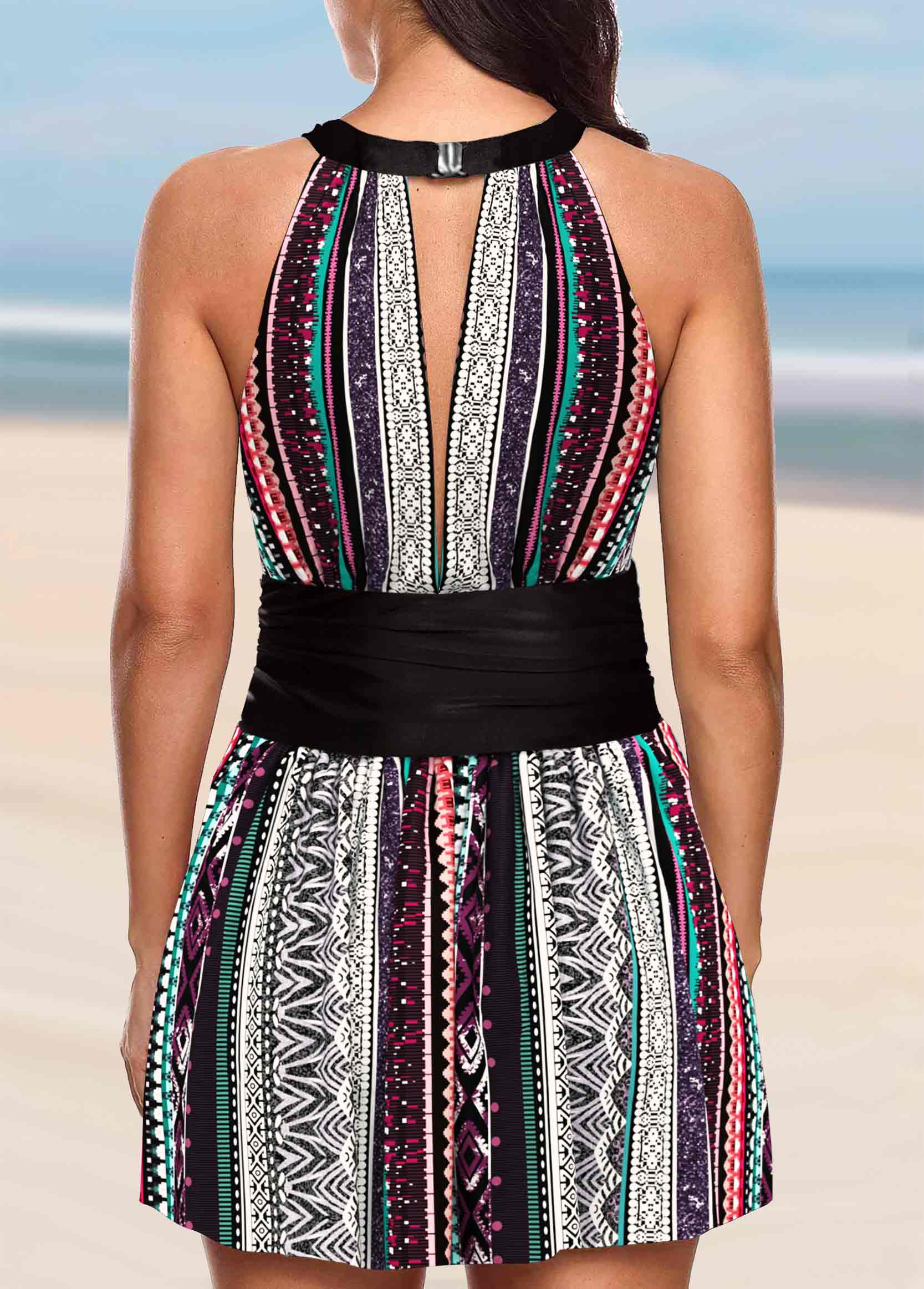 Asymmetric Stripe Print Bib Neck Swimdress Set