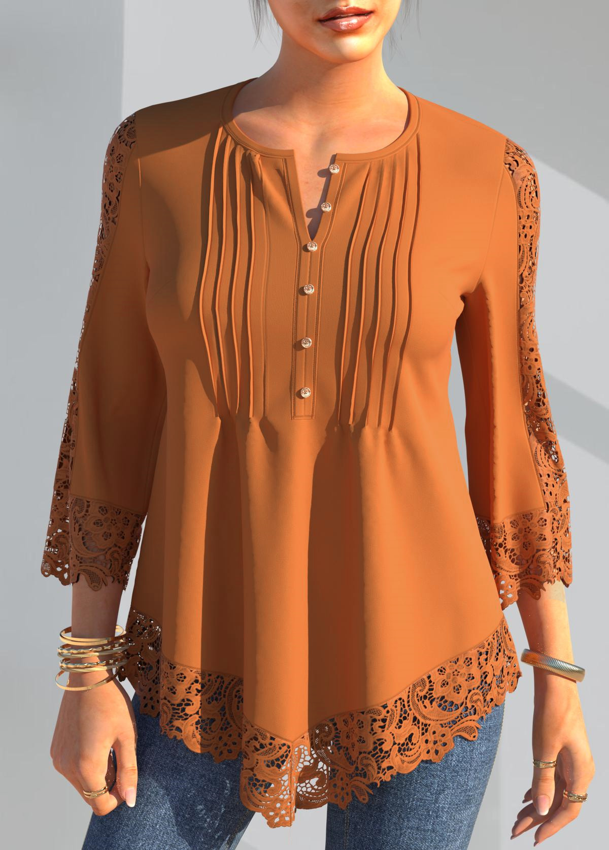 Crinkle Chest Lace Panel Coral Orange Blouse