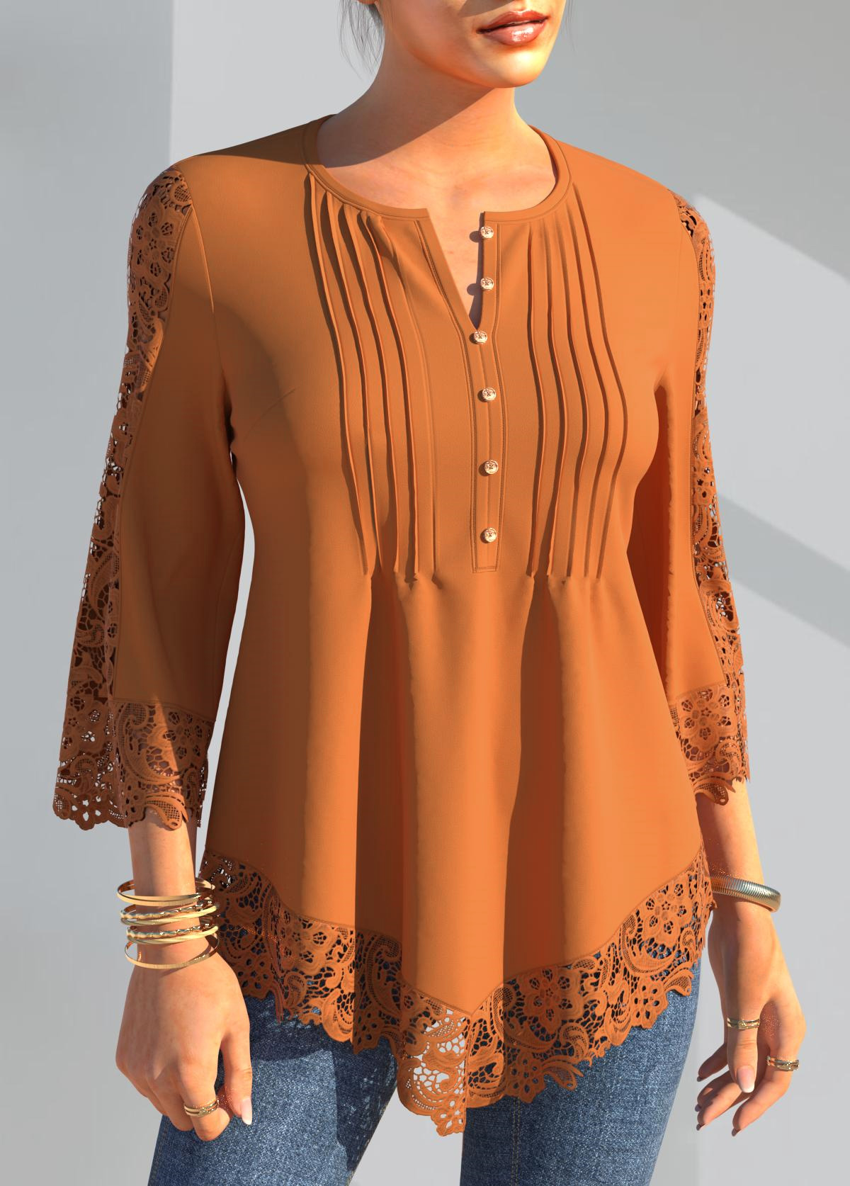 Crinkle Chest Lace Panel Coral Orange Blouse