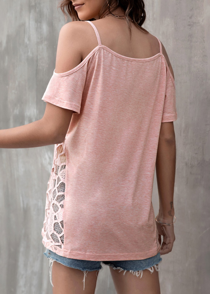 Cold Shoulder Lace Patchwork Light Pink T Shirt