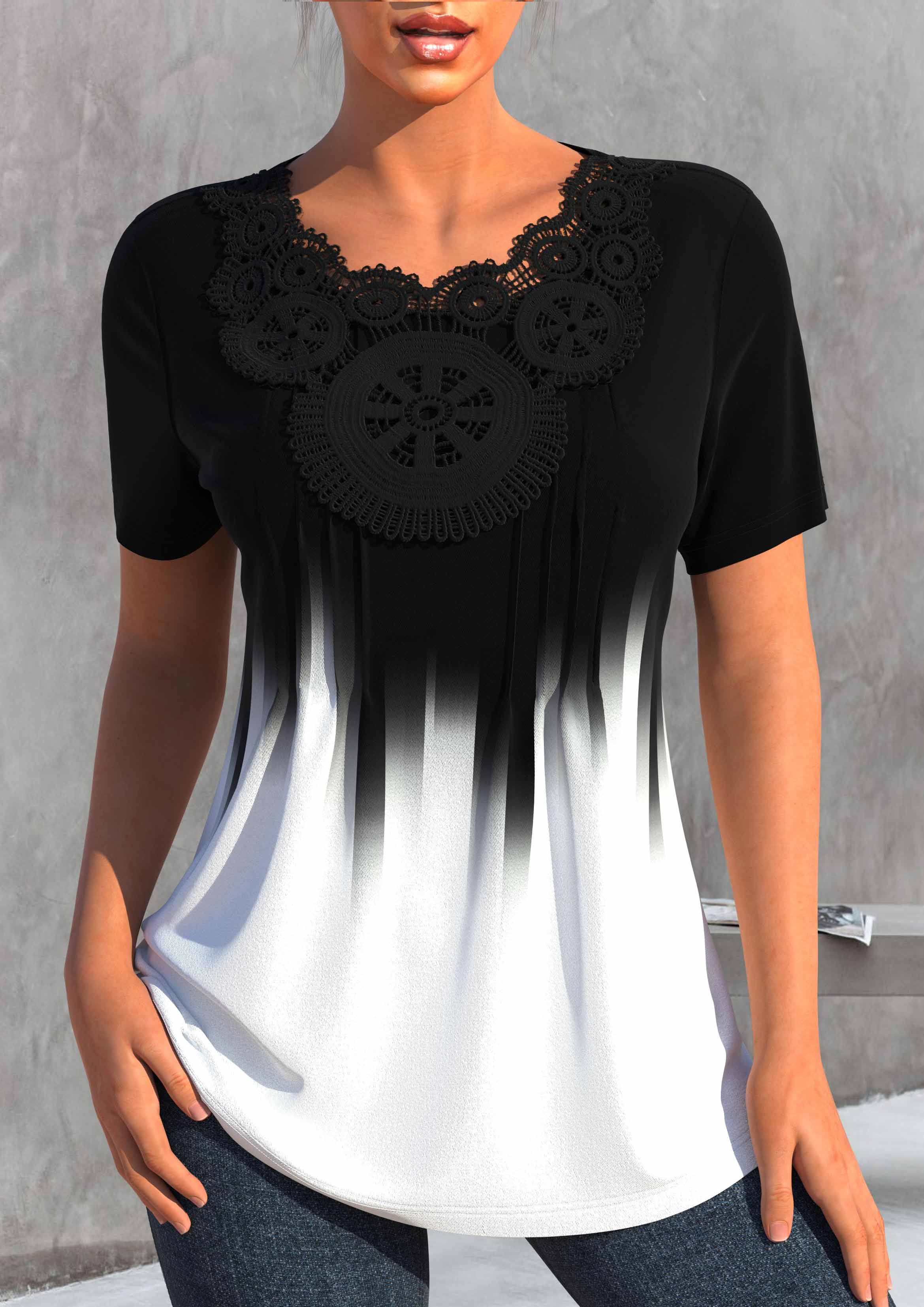 Ombre Lace Stitching Short Sleeve Black T Shirt