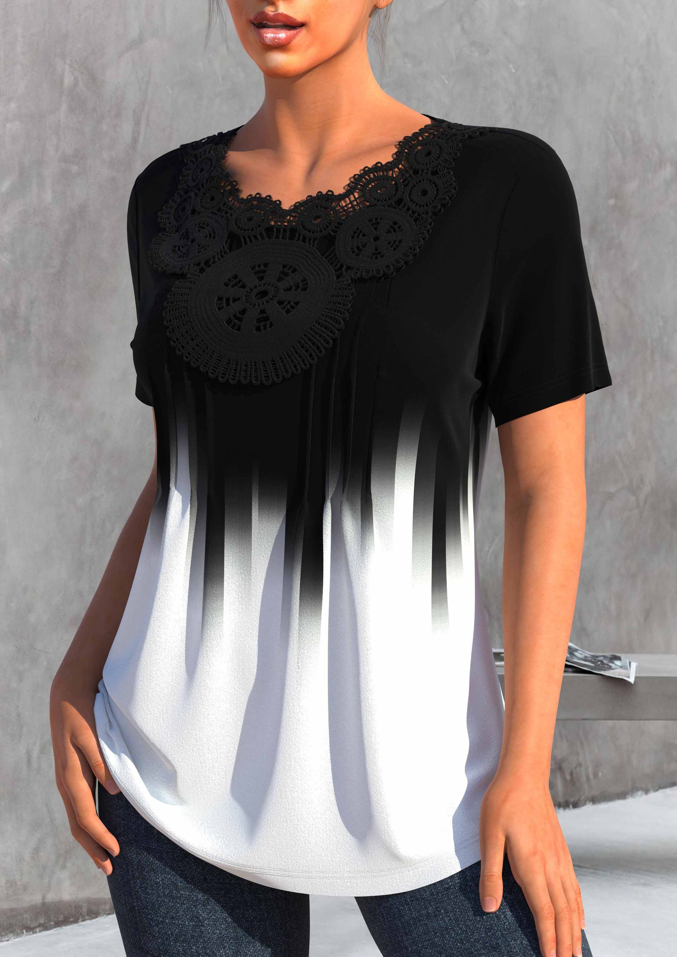 Ombre Lace Stitching Short Sleeve Black T Shirt
