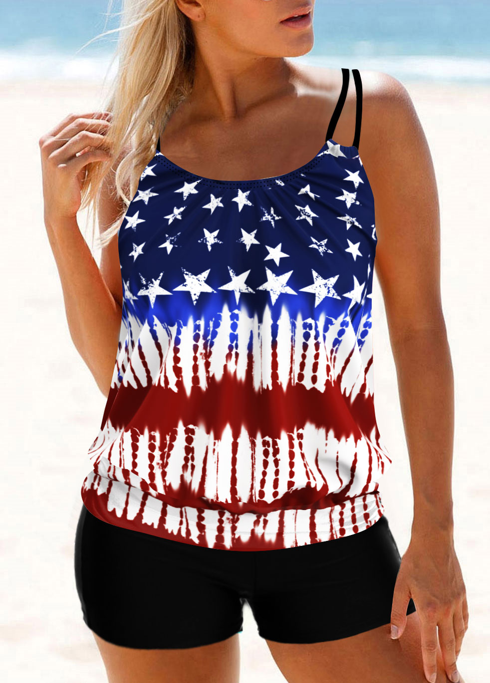 American Flag Print Double Straps Color Block Tankini Top-No Bottom