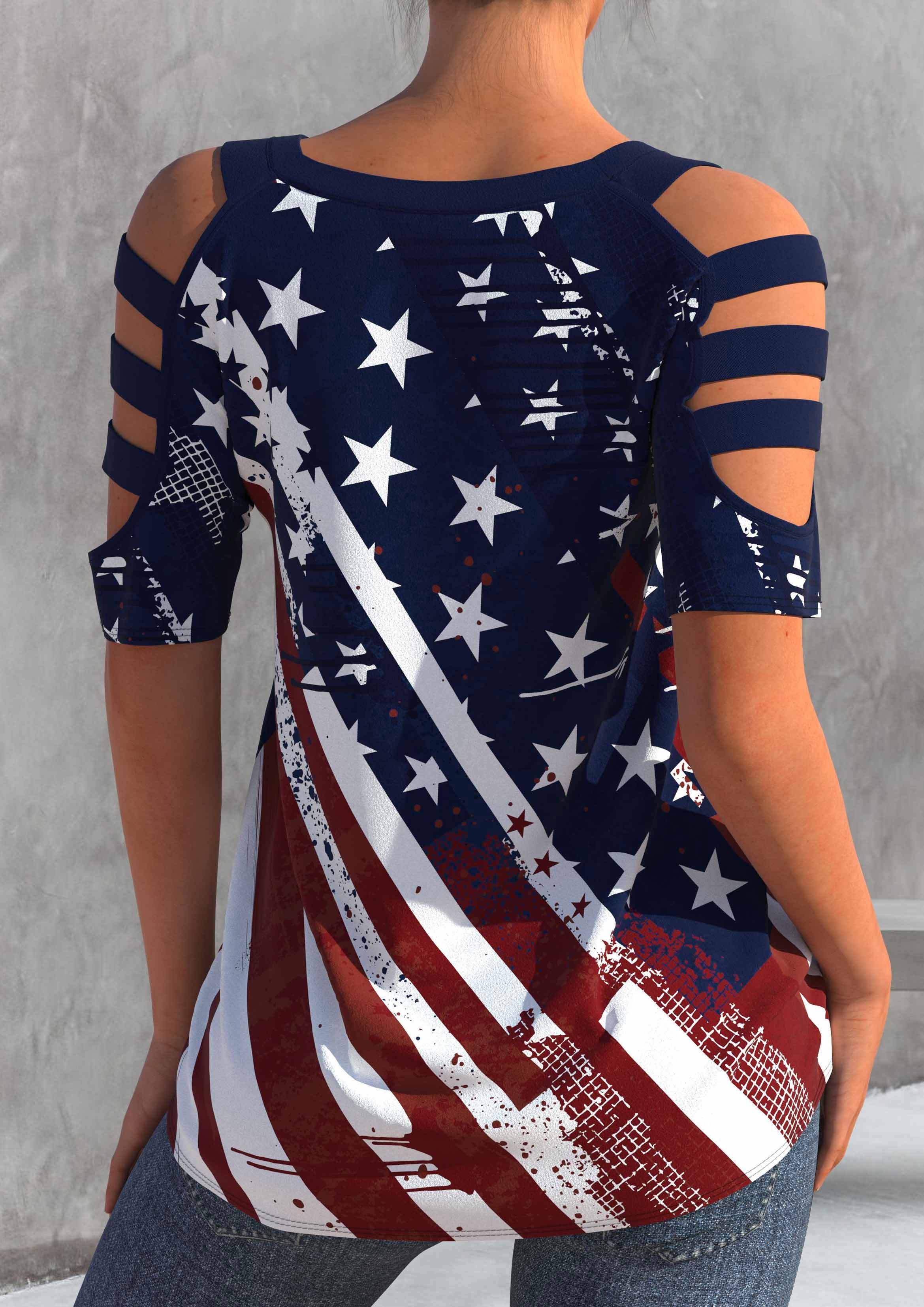 Navy Blue American Flag Print Ladder Cutout T Shirt | Rosewe.com - USD ...
