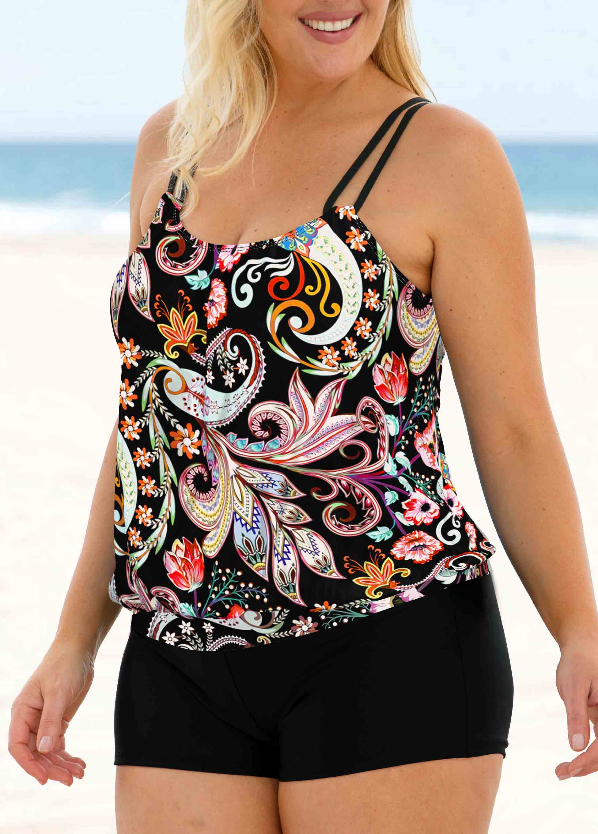 Multi Color Paisley Print Plus Size Tankini Top-No Bottom