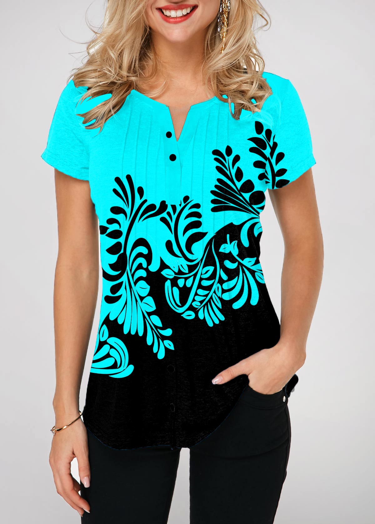 Cyan Split Neck Printed Contrast T Shirt