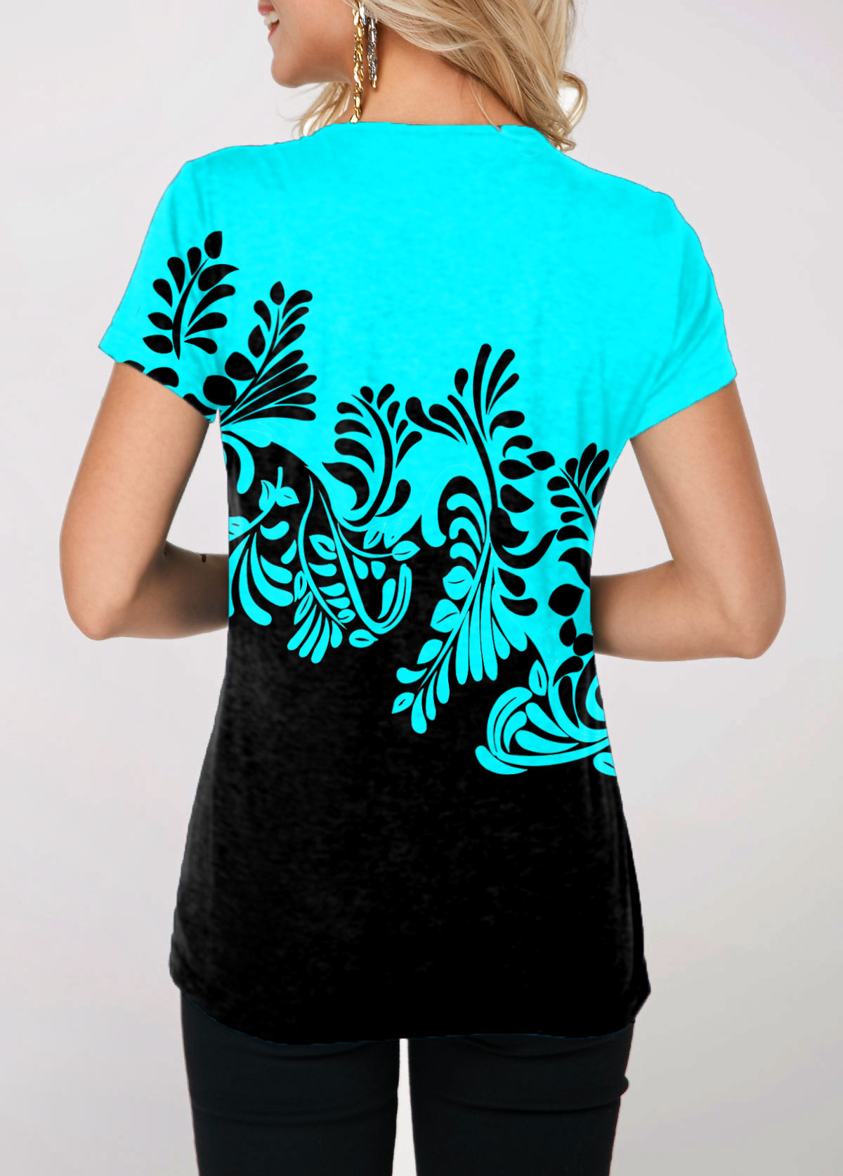 Cyan Split Neck Printed Contrast T Shirt