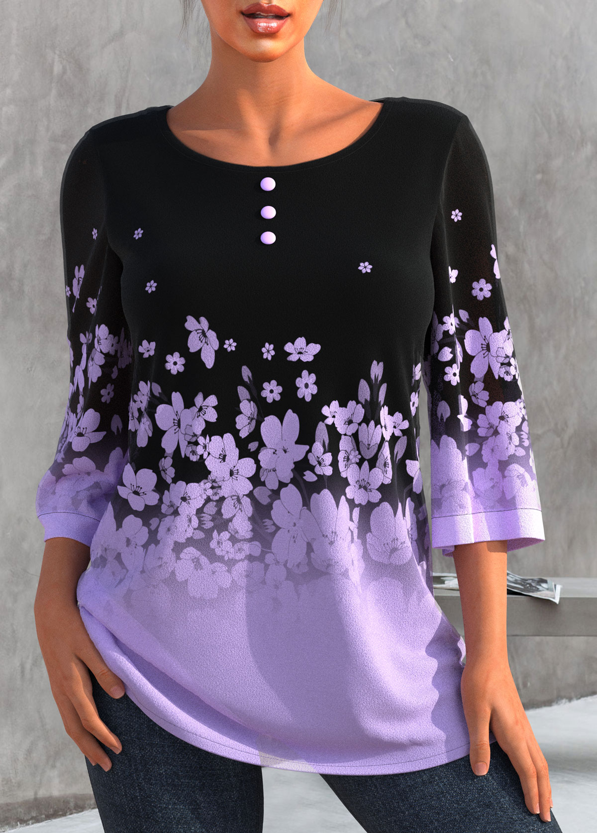 Ombre Floral Print Light Purple T Shirt