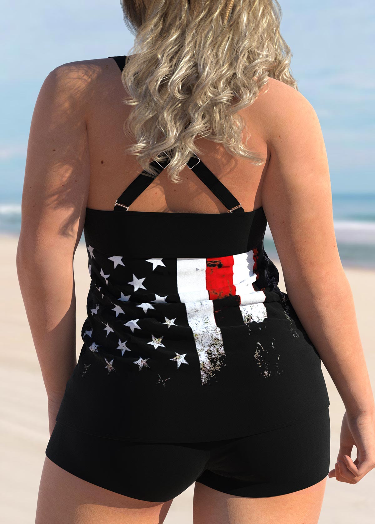 Black Plus Size American Flag Print Tankini Top