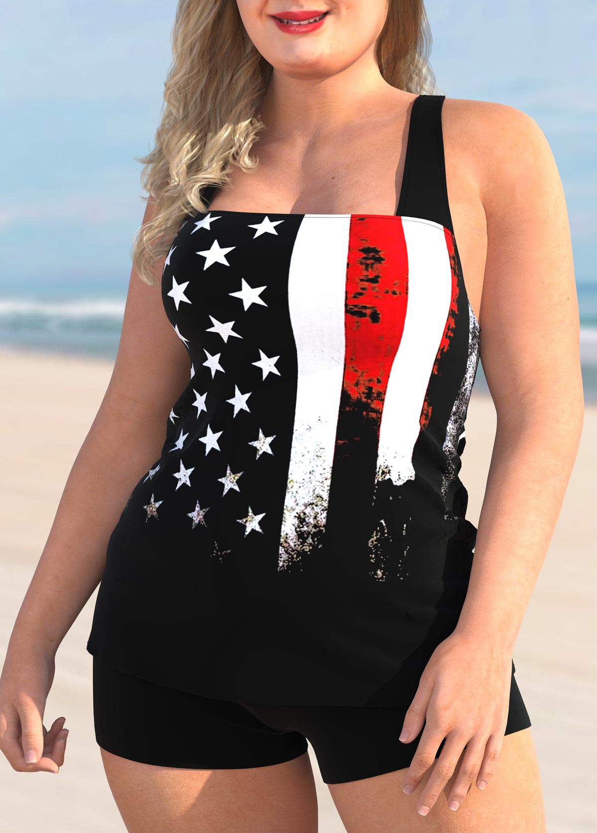Black Plus Size American Flag Print Tankini Set