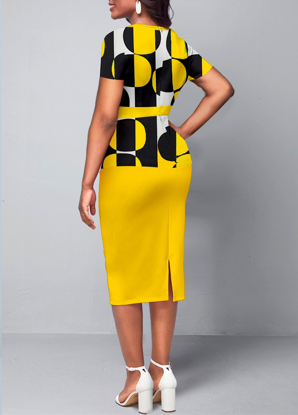Geometric Print Round Neck Yellow Short Sleeve Dress